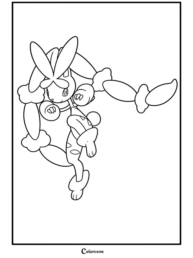 Coloriage de Méga Lopunny mettant en vedette ce Mega Pokemon populaire dans une pose d'action dynamique.