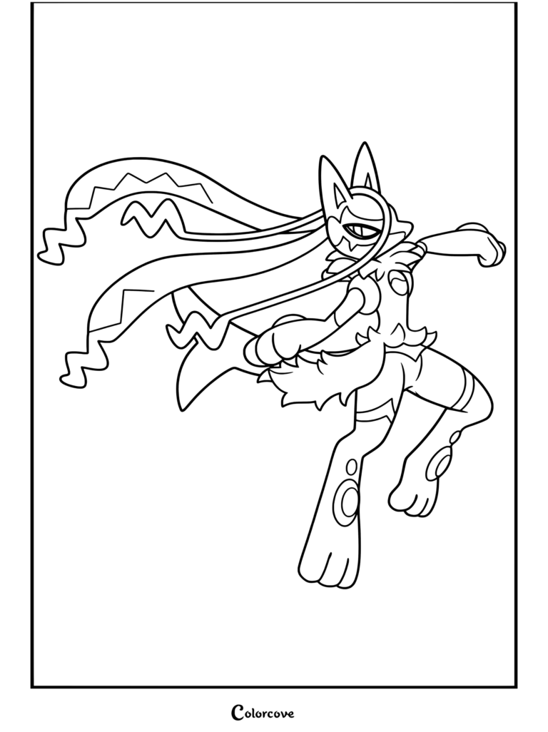 Coloriage à imprimer de Mega Pokemon représentant Méga Lucario Z en pleine action avec des rubans flottants et une posture d'arts martiaux.