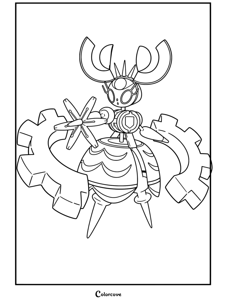 Coloriage détaillé mettant en vedette Méga Magearna de Mega Pokemon, mettant en valeur ses caractéristiques robotiques, ses bras en forme d'engrenage et sa couronne.