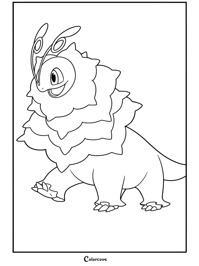 Coloriage de Méga Meganium représentant le personnage de dinosaure herbacé faisant partie de la collection Mega Pokemon.