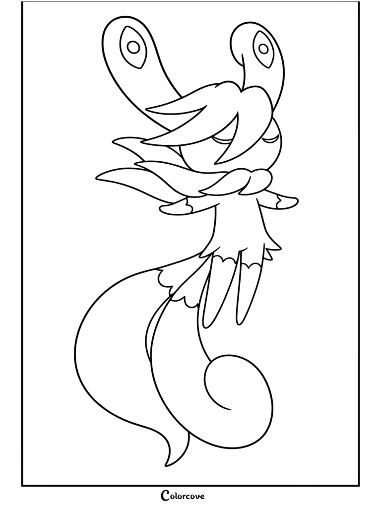 Un coloriage détaillé de Méga Mistigrix, un puissant Mega Pokemon avec de longues oreilles recourbées et des queues fluides.