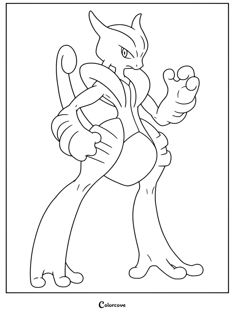 Coloriage de Méga Mewtwo X représentant le puissant Mega Pokemon dans une pose de combat frappante.