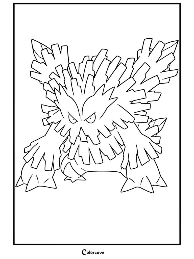 Coloriage gratuit à imprimer de Méga Blizzaroi de Mega Pokemon représentant la créature arbre givré dans une pose dynamique.