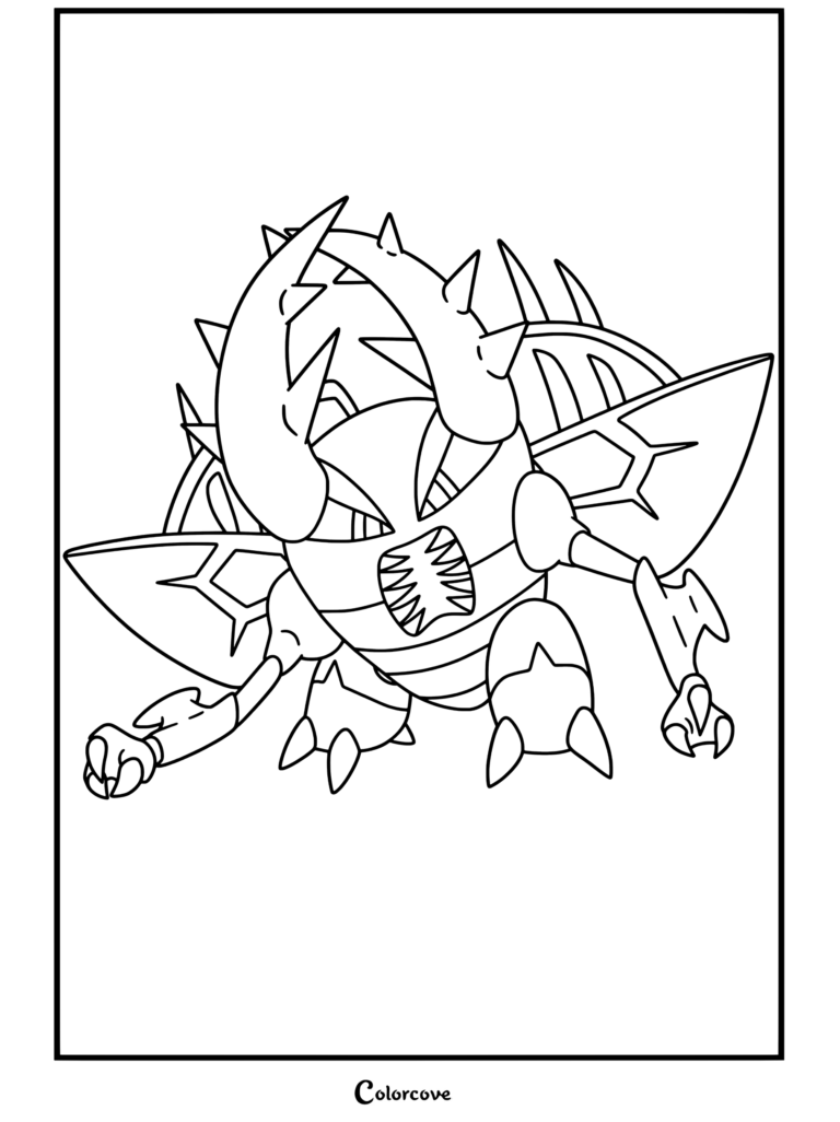 Coloriage détaillé présentant le Mega Pokemon de type Insecte Méga Pinsir avec de grandes cornes et des ailes.
