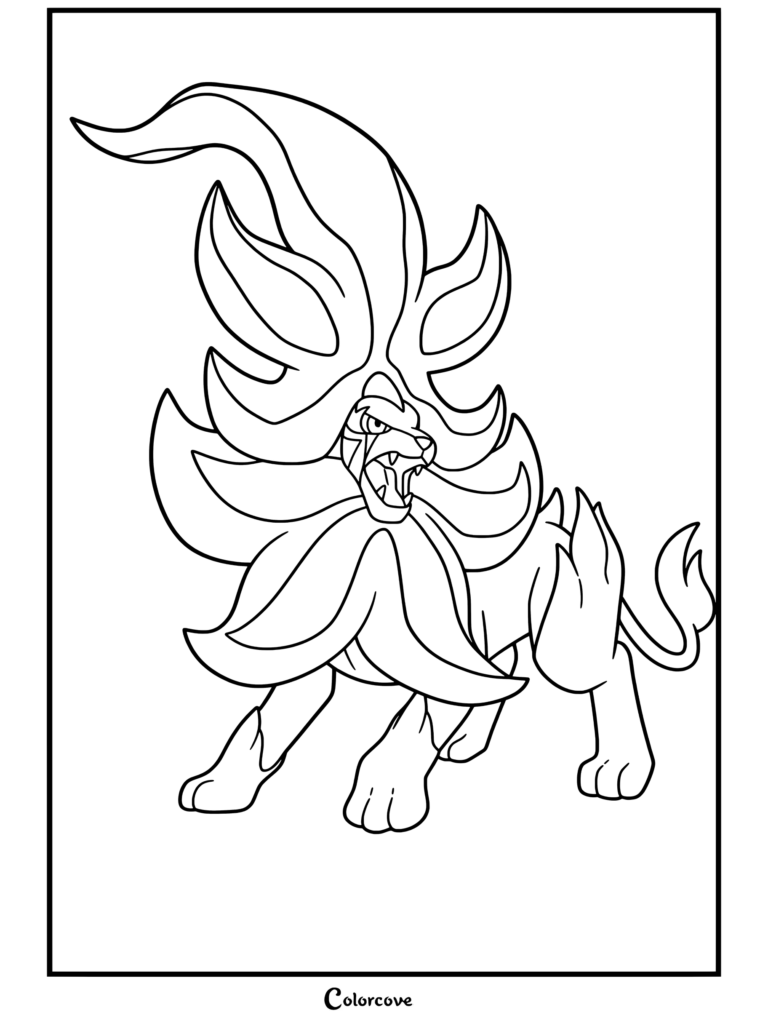 Un coloriage détaillé du Mega Pokemon Méga Némélios, mettant en valeur sa crinière majestueuse et son expression féroce.
