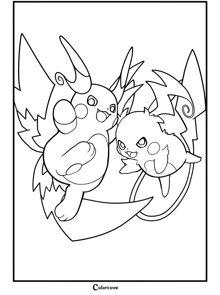 Coloriage gratuit à imprimer de Mega Pokemon représentant Méga Raichu X et Y dans une pose d'action.