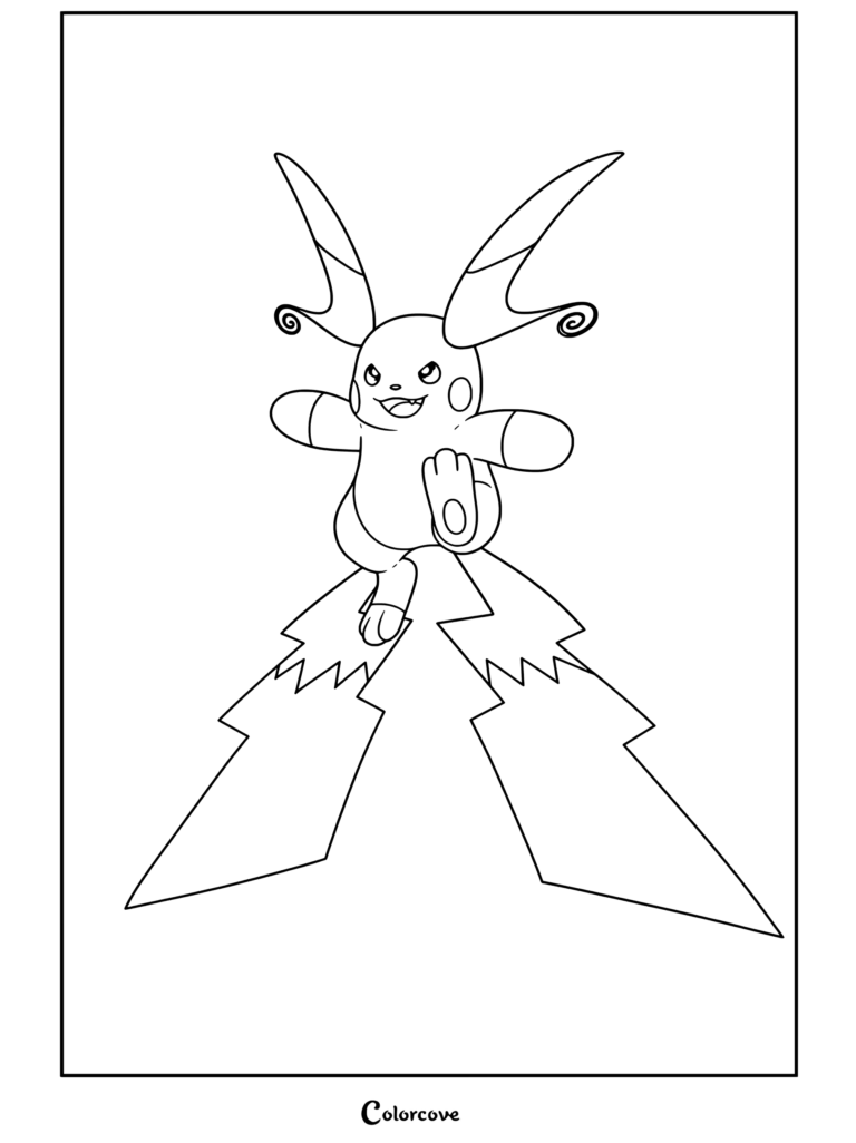 Coloriage de Méga Raichu X d'un Mega Pokemon surfant sur deux grands éclairs.