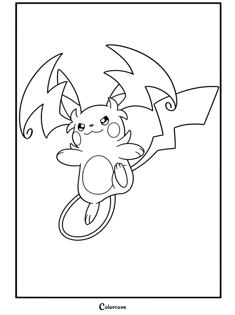 Coloriage de Méga Raichu Y présentant le personnage unique de Mega Pokemon dans une pose dynamique avec de grandes oreilles semblables à des chauves-souris et une queue en zigzag.