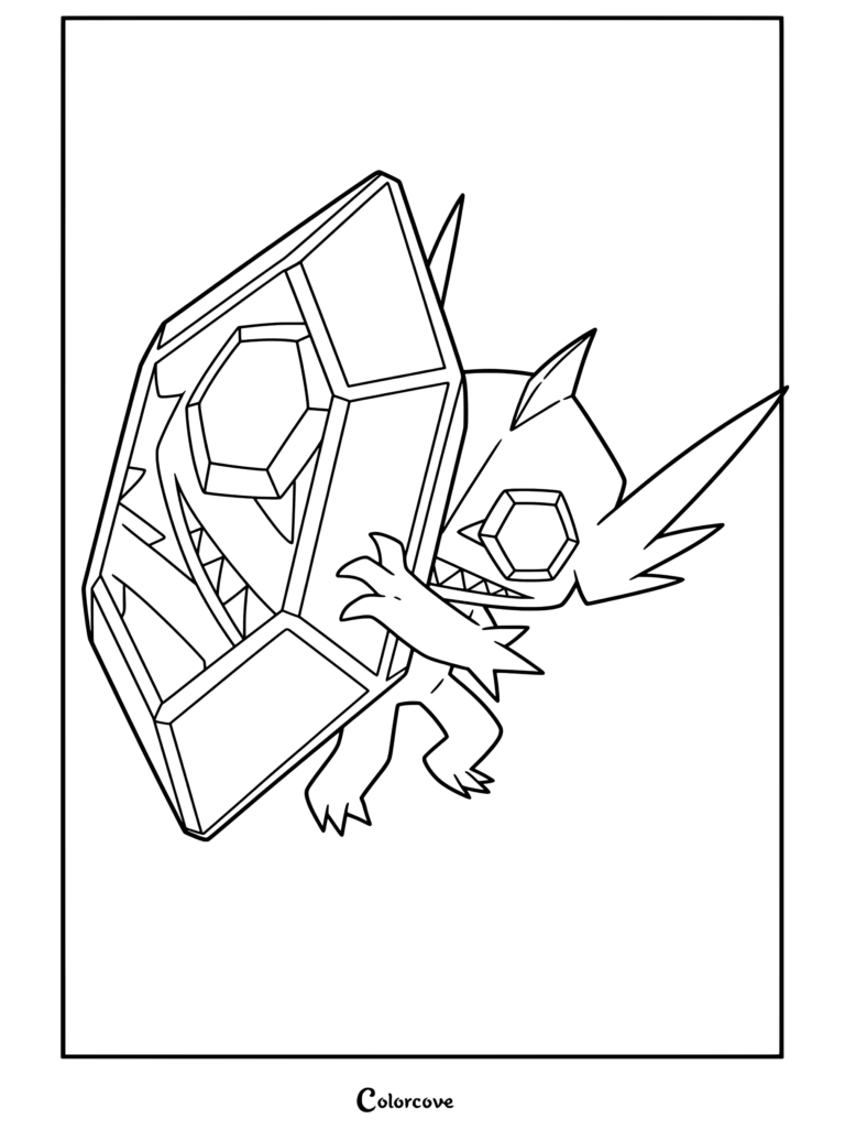Un coloriage détaillé de Méga Ténéfix tenant son bouclier de pierres précieuses massif, avec des lignes épurées pour les fans de Mega Pokemon.