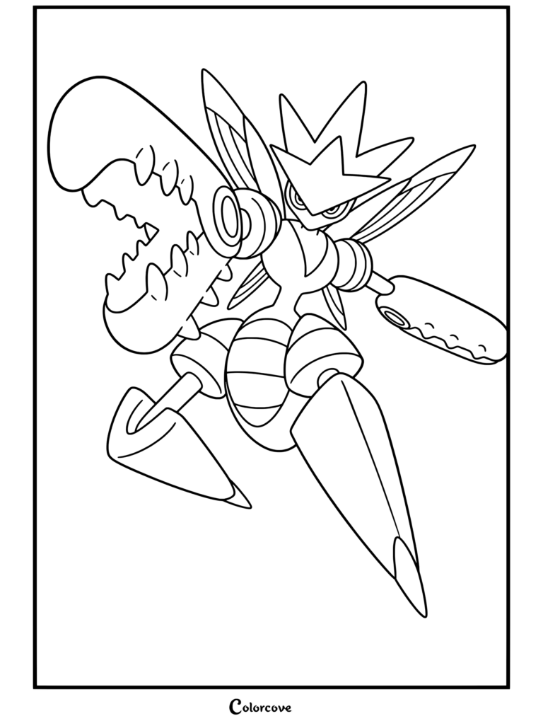 Coloriage de Méga Cizayox représentant le Mega Pokemon de type Insecte et Acier dans une pose de combat dynamique avec de pinces massives.