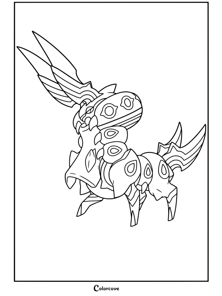 Coloriage gratuit de Méga Brutapode, un puissant Mega Pokemon doté d'une armure segmentée et de longues antennes.