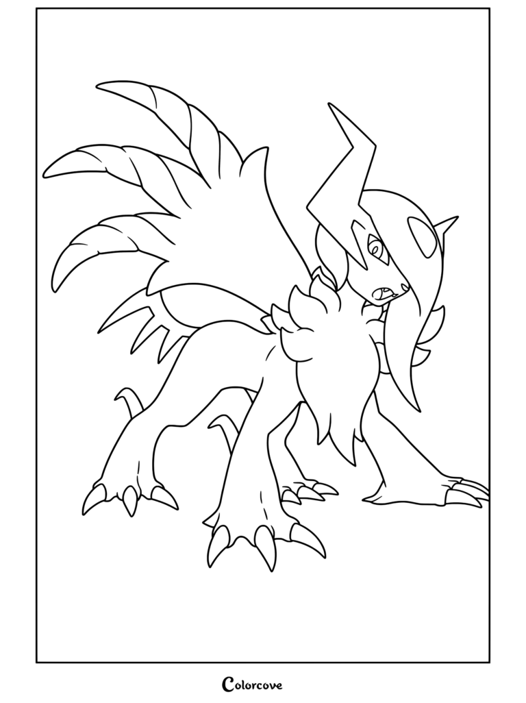 Méga Absol de Mega Pokemon en coloriage montrant ses grandes ailes et ses pattes griffues.