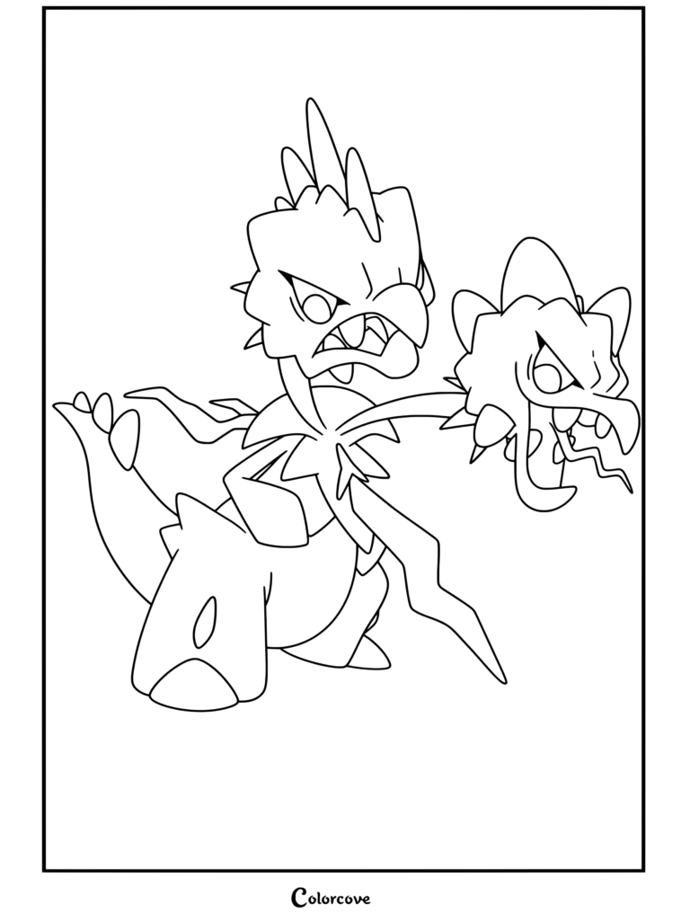Coloriage de Mega Pokemon représentant Méga Scovillain avec deux têtes féroces et épineuses et des membres semblables à des plantes.