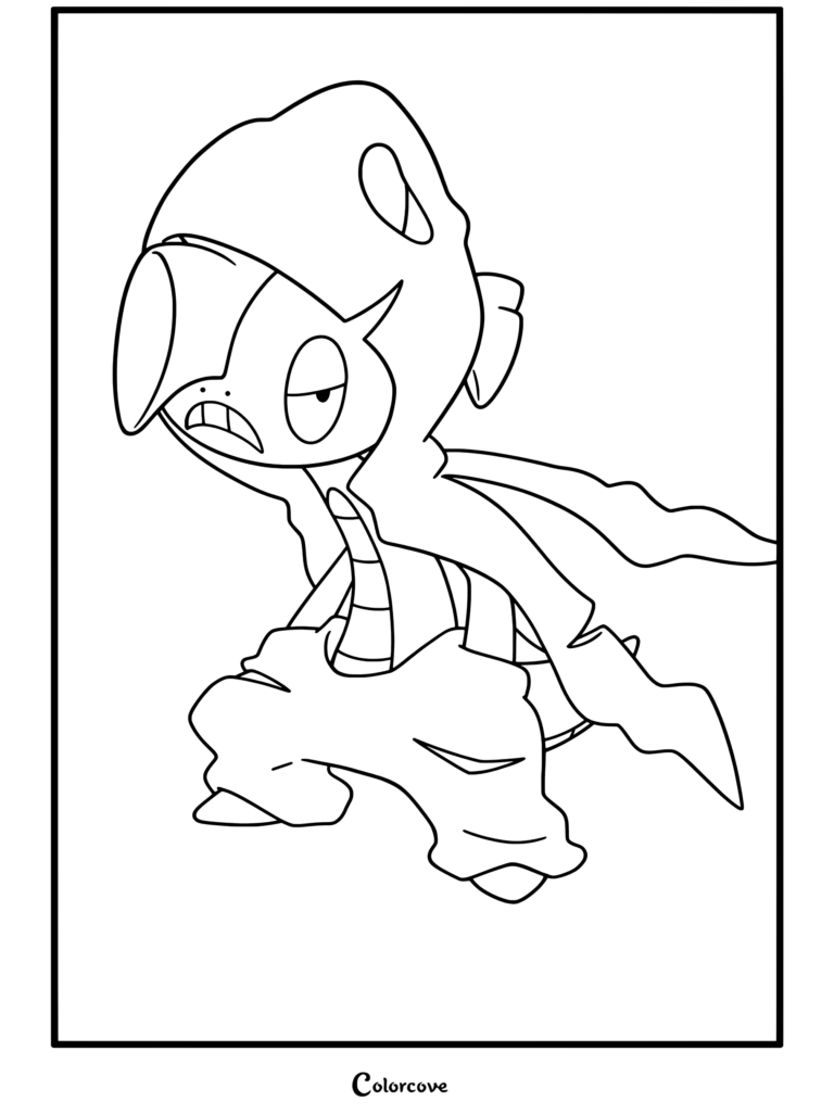 Coloriage de Méga Baggaïd présentant un design de personnage de Mega Pokemon détaillé en noir et blanc.