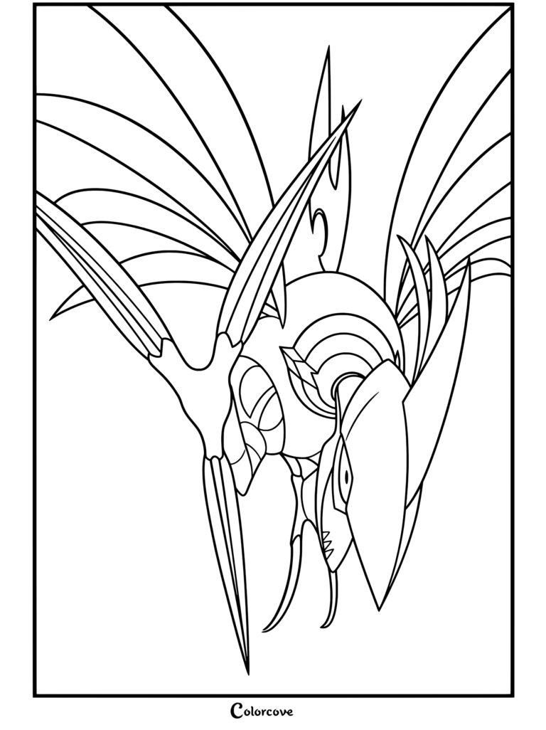 Coloriage de Méga Airmure représentant un Mega Pokemon aux bords tranchants avec de grandes ailes métalliques dans une pose de vol dynamique.