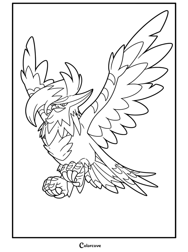 Coloriage de Méga Etaptor représentant le puissant Mega Pokemon de type Vol dans une pose de vol plané dynamique avec des ailes déployées.