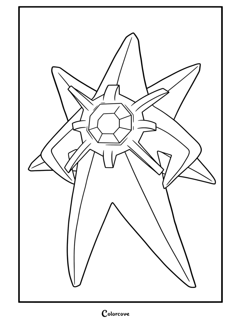 Un coloriage détaillé de Mega Pokemon représentant Méga Staross avec sa gemme centrale.