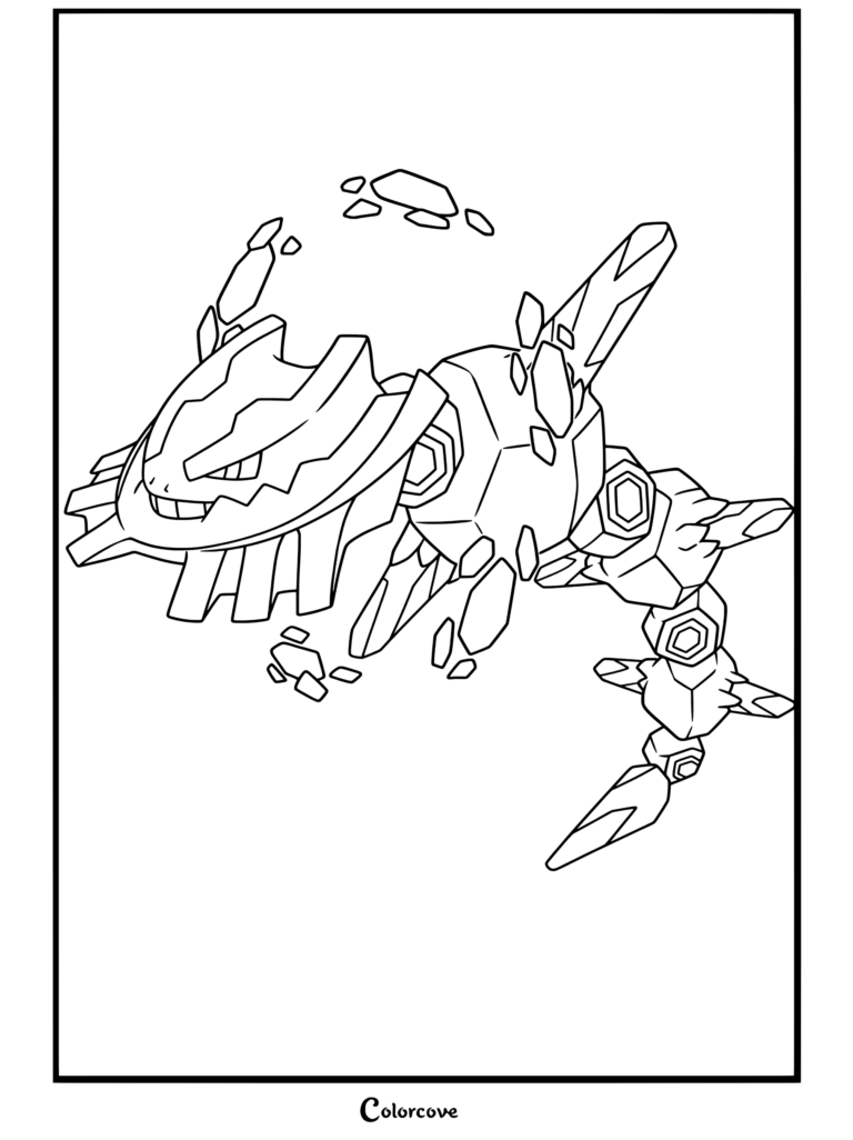 Coloriage détaillé représentant Méga Steelix de Mega Pokemon, mettant en valeur son corps rocheux massif, ses éclats de cristal et son expression menaçante.