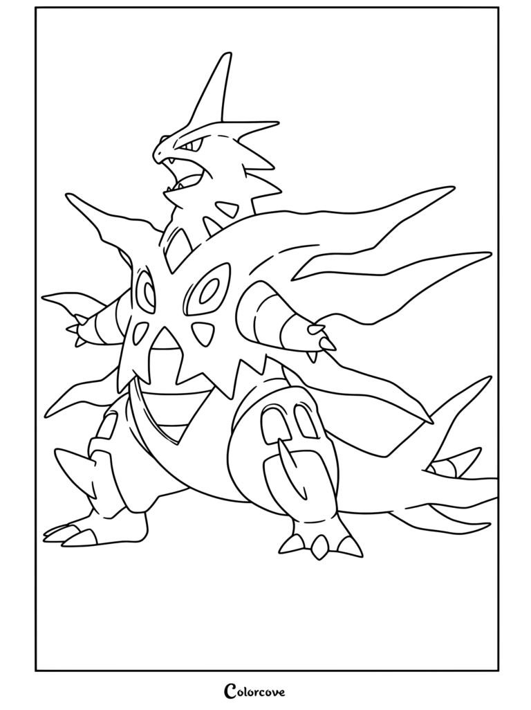 Coloriage de Méga Tyranocif représentant le puissant Mega Pokemon dans une posture féroce.