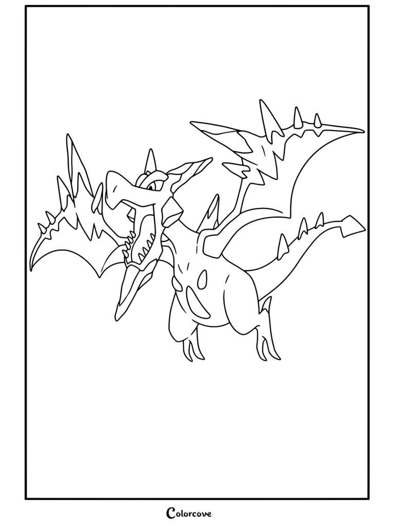 Coloriage de Méga Ptéra représentant un Mega Pokemon volant avec des ailes déchiquetées et des détails piquants.