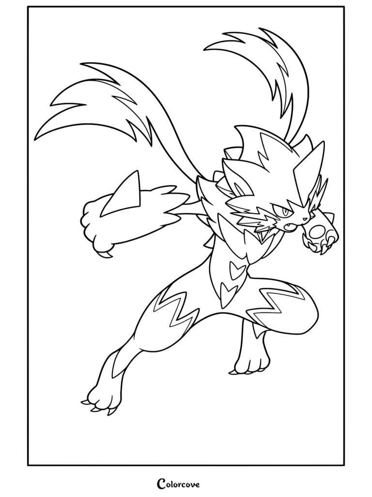 Un coloriage détaillé de Méga Zeraora dans une posture de combat dynamique, parfait pour les fans de Mega Pokemon.