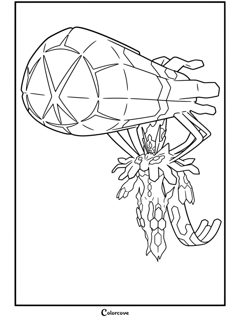 Coloriage de Mega Pokemon de Méga Zygarde avec sa grande tête cristalline et les détails complexes de son corps.