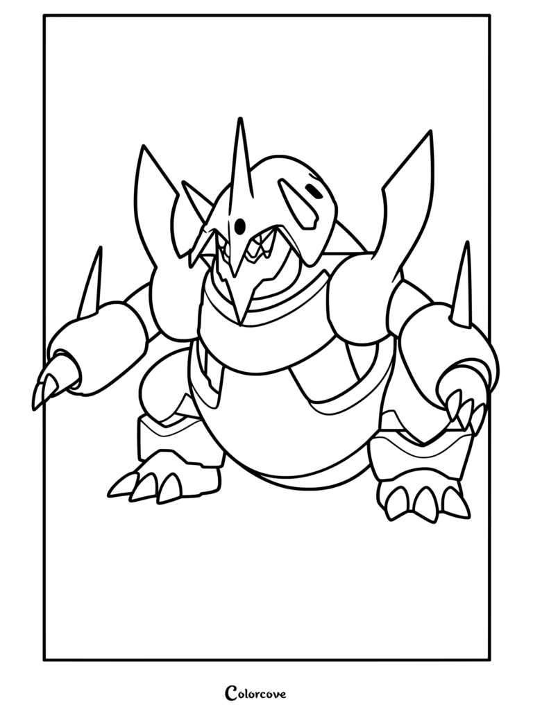 Coloriage de Méga Galeking se tenant fermement dans une pose de combat, présentant une armure métallique détaillée, des cornes et des griffes acérées pour les fans de Mega Pokemon.