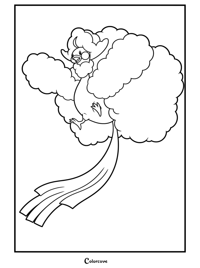 Méga Altaria s'envolant gracieusement avec des ailes semblables à des nuages et une longue queue en ruban dans ce coloriage de Mega Pokemon détaillé.
