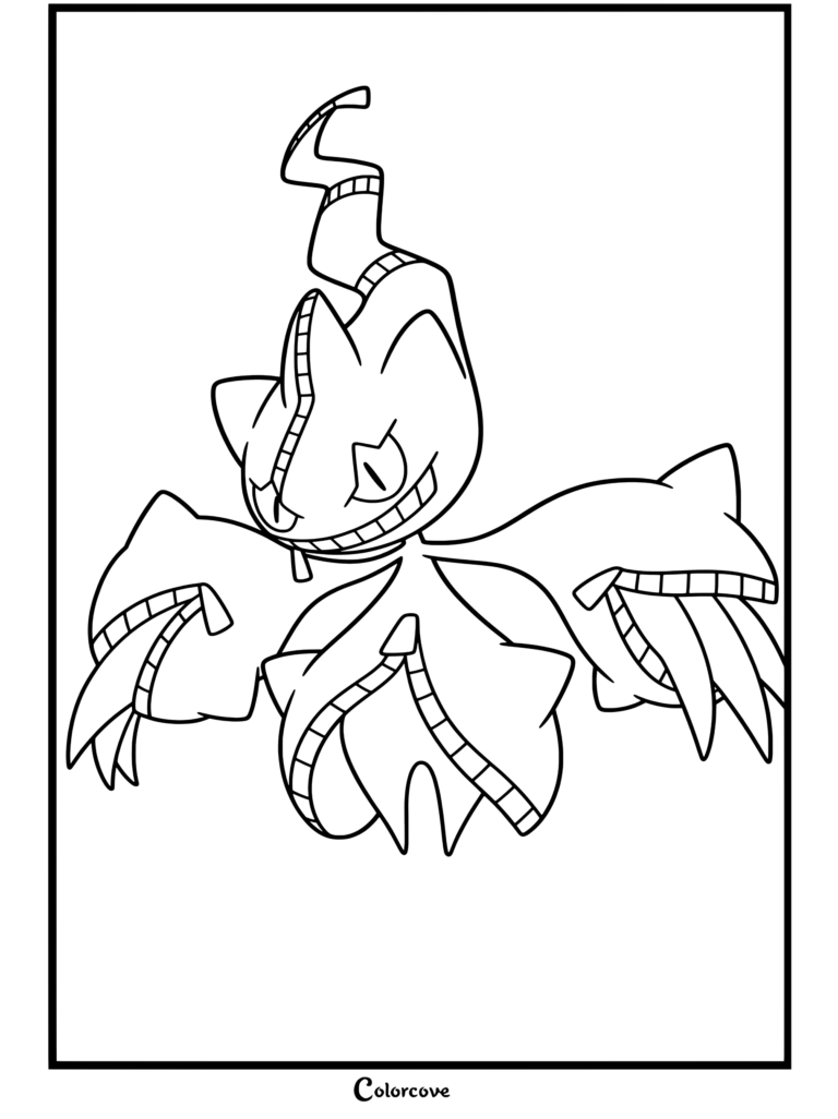 Coloriage de Mega Pokemon représentant Méga Branette flottant avec un corps zippé et des griffes d'énergie déployées.