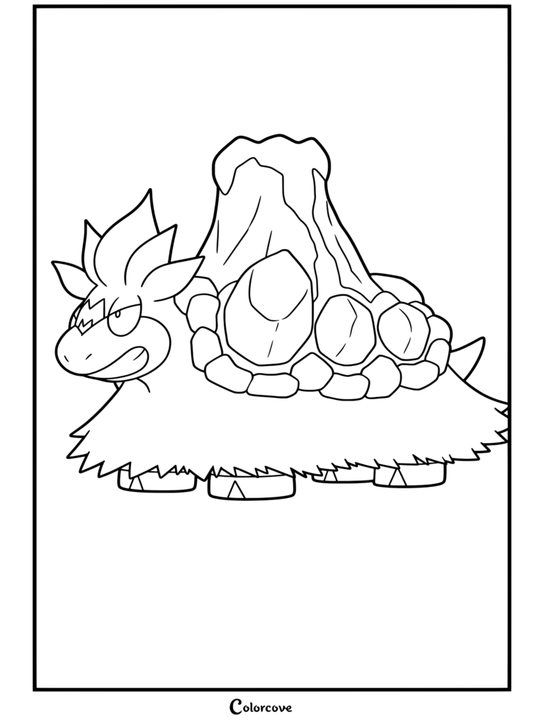 Coloriage gratuit à imprimer de Méga Camérupt représentant Méga Camérupt debout avec une coquille volcanique, de la lave active et des roches fumantes finies.