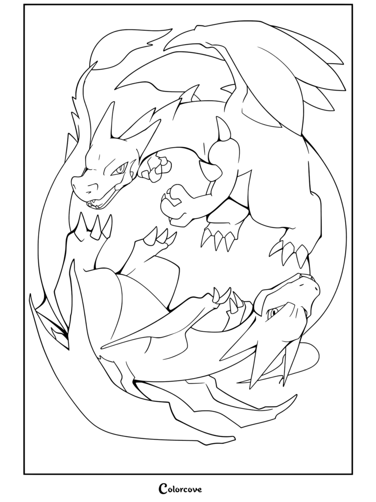 Page de coloriage de Mega Pokemon représentant Méga Dracaufeu X et Méga Dracaufeu X dans une pose circulaire yin yang.
