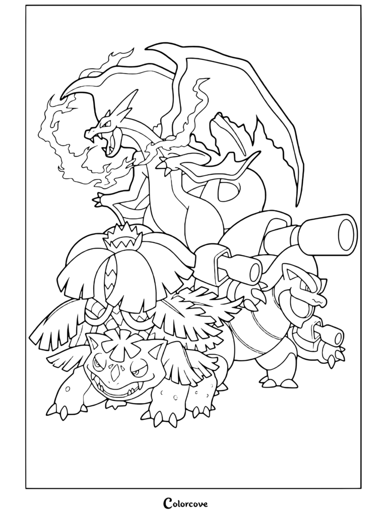 Page de coloriage de Mega Pokemon représentant une pose de groupe dynamique de Méga Dracaufeu Y, Florizarre et Méga Tortank avec du feu, de l'eau et des lianes.