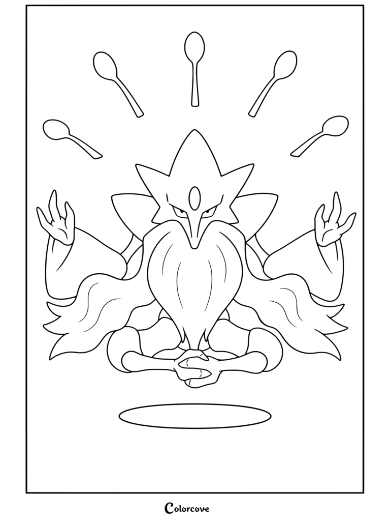 Un coloriage de Méga Alakazam méditant entouré de cuillères flottantes de Mega Pokemon.