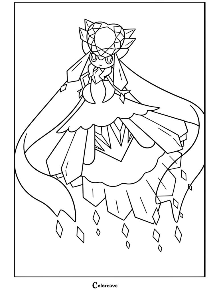 Coloriage de Méga Diancie flottant élégamment avec une robe cristalline et une grande couronne de diamants roses pour les fans de Mega Pokemon.