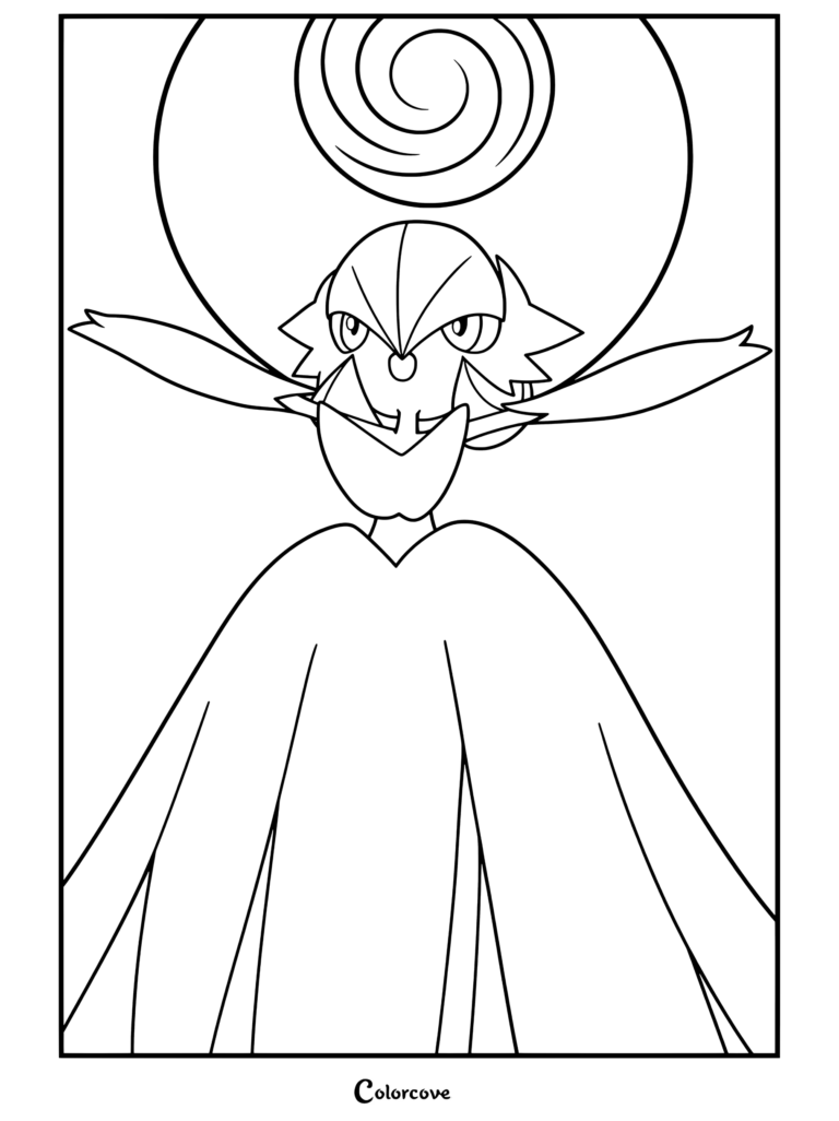 Coloriage de Méga Gardevoir représentant le Mega Pokemon flottant sous une pleine lune avec un vortex tourbillonnant au-dessus et les bras écartés.