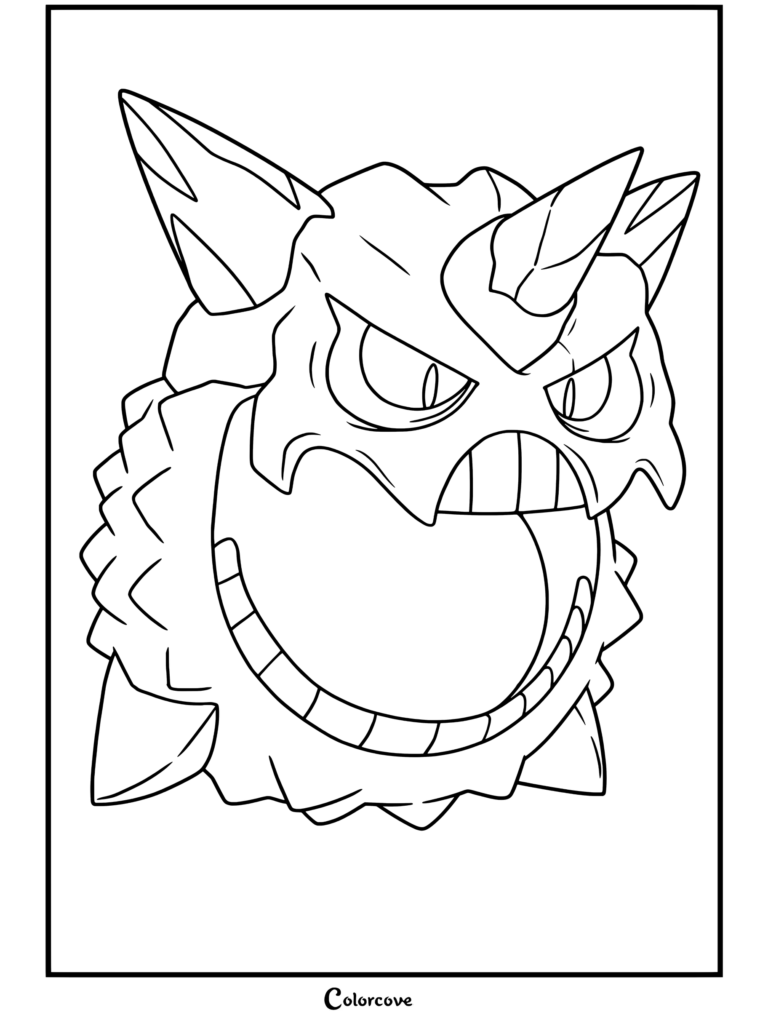 Coloriage de Méga Oniglali montrant un Mega Pokemon flottant avec une bouche grand ouverte et un masque de glace épineux.