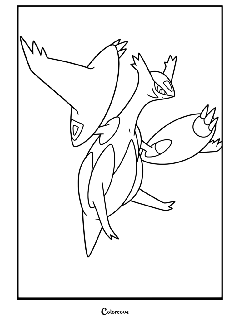 Méga Latios planant en vol avec des ailes rejetées vers l'arrière et un design de dragon violet et blanc pour ce coloriage de Mega Pokemon.