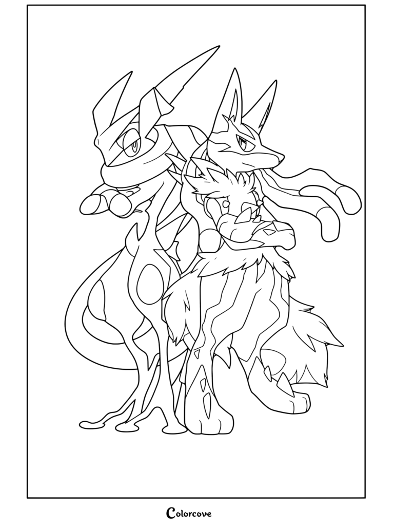 Page de coloriage de Méga Lucario et Amphinobi Sacha représentant les deux personnages dos à dos avec des expressions déterminées.