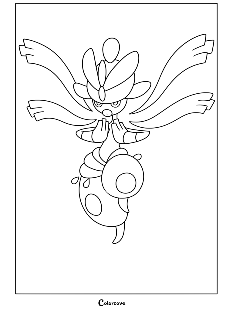 Coloriage de Méga Charmina en lévitation avec les mains jointes et des rubans de banderoles blancs, avec des contours détaillés pour les fans de Mega Pokemon.