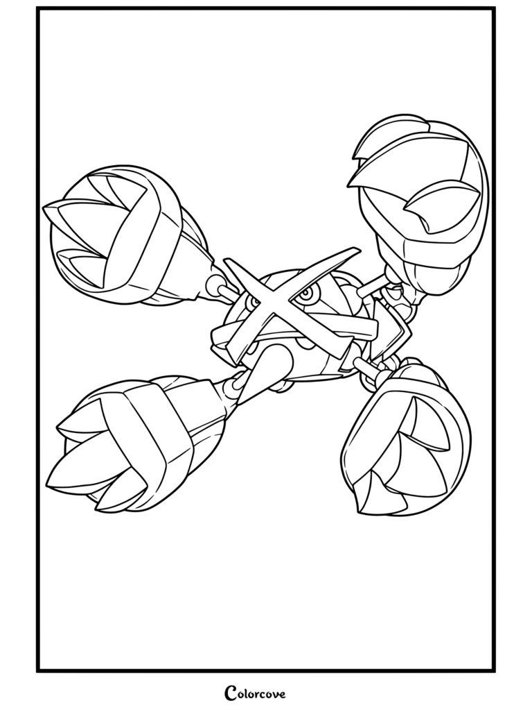 Coloriage à imprimer du personnage Mega Pokemon Méga Métalosse flottant avec quatre grandes pattes griffues étendues et une croix dorée sur le visage.