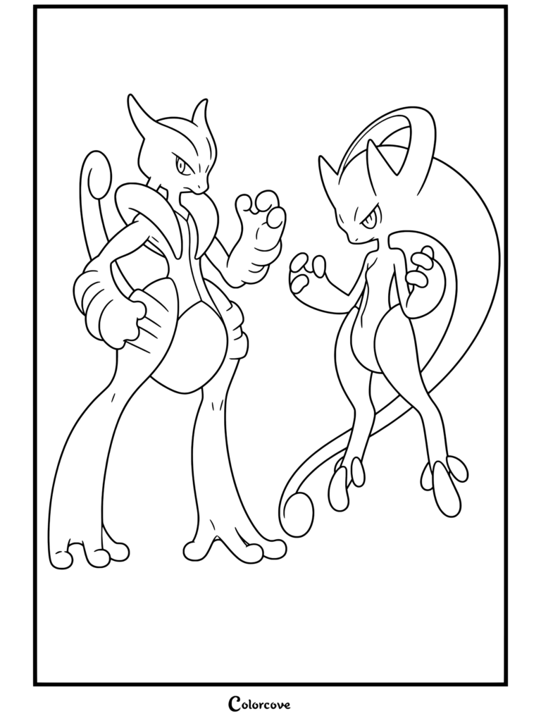 Page de coloriage de Mega Pokemon à imprimer représentant Méga Mewtwo X et Méga Mewtwo Y côte à côte dans des poses d'œuvres d'art officielles.