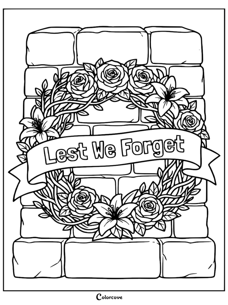 A printable Memorial Day coloring page featuring a floral wreath with roses and lilies surrounding a banner that reads Lest We Forget against a brick wall background.