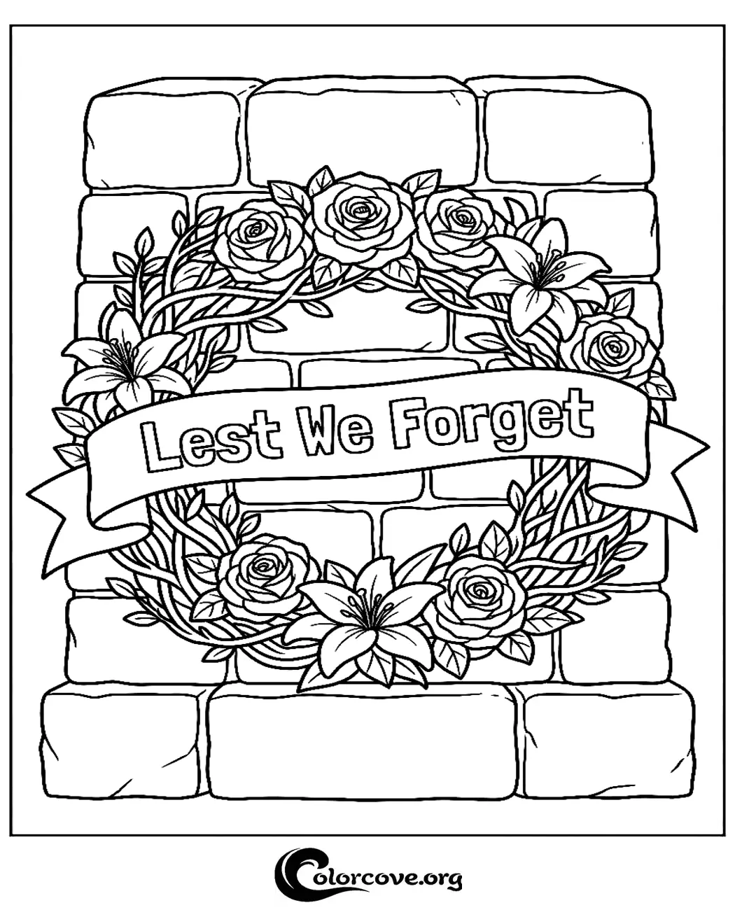 Honor those who served with this beautiful and respectful Lest We Forget memorial coloring page. Print this floral design in seconds and enjoy a meaningful creative activity for Remembrance Day or Veterans Day.