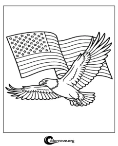 A majestic bald eagle flying in front of an American flag for a patriotic coloring page
