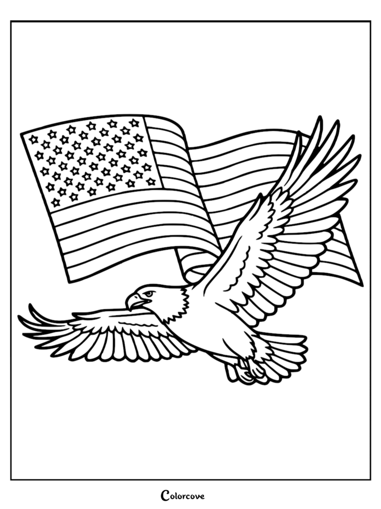 A majestic bald eagle in flight in front of a waving American flag, featured in a Memorial Day printable coloring page.