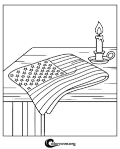 Patriotic coloring page featuring a folded American flag on a table next to a lit candle, perfect for Independence Day or Memorial Day activities.