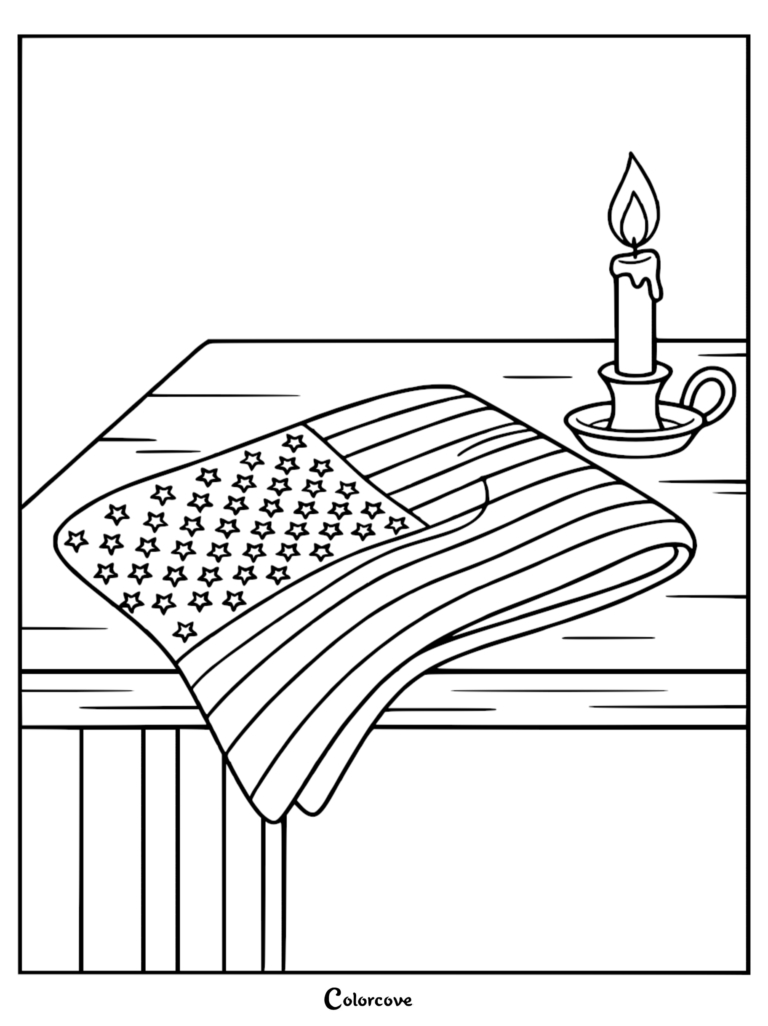 A Memorial Day coloring page featuring a folded American flag resting on a wooden table next to a lit candle in a holder.