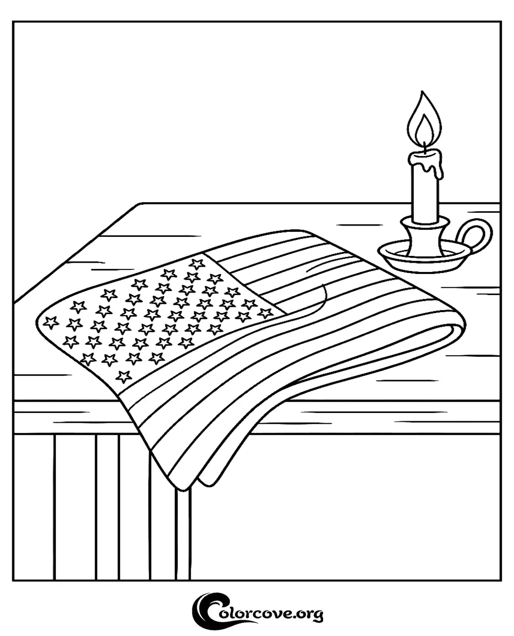 Celebrate American pride with this free, printable patriotic coloring page. This simple yet elegant design features an American flag resting on a table beside a classic candle, making it a wonderful activity for all ages.