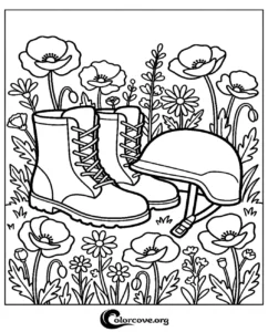 A detailed coloring page featuring military combat boots and a helmet resting in a field of poppies and wildflowers, perfect for Remembrance Day activities.
