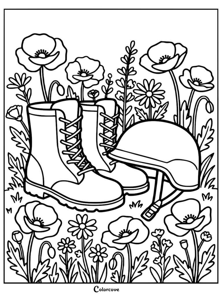 Memorial Day coloring page featuring military boots and a helmet surrounded by poppies and wildflowers.